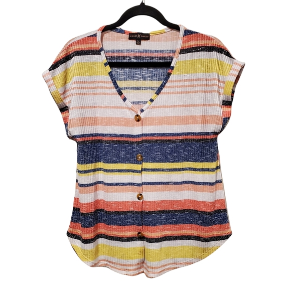 Almost Famous Tops - 3/$15 Almost Famous Multi Color Striped Short Sleeve Button Up Blouse Size Large